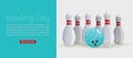 Bowling day web banner vector illustration. Ball and skittles for game advertisement. Sport bowling theme poster with Royalty Free Stock Photo