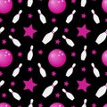 Bowling fun bright pattern with white pins, pink stars and balls on the black background