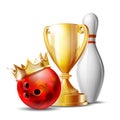 Bowling Game Award. Bowling Ball with golden crown and Golden Cup