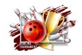 Bowling Game Award. Bowling Ball with and white bowling pin and Golden Cup.