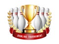 Bowling Game Award. Bowling Ball with and white bowling pin and Golden Cup.