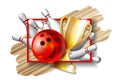 Bowling Game Award. Bowling Ball with and white bowling pin and Golden Cup.