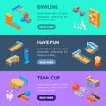 Bowling Game Banner Horizontal Set Isometric View. Vector