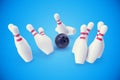 Bowling game, black ball crashing into the skittles. 3d illustration Royalty Free Stock Photo