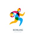 Bowling game logo, icon or emblem design. Running human with bowling ball in hand.