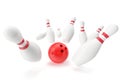 Bowling game, red ball crashing into the skittles. 3d illustration Royalty Free Stock Photo