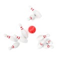 Bowling game, red ball crashing into the skittles, top view. 3d illustration Royalty Free Stock Photo