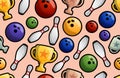 Bowling game seamless pattern vector illustration. Ball crashing into the pins, getting strike. Bowling tournament. Winner of Royalty Free Stock Photo