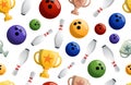 Bowling game seamless pattern vector illustration. Ball crashing into the pins, getting strike. Bowling tournament. Winner of Royalty Free Stock Photo