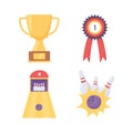 Bowling game trophy medal ball alley and pins icons flat design