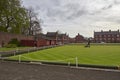 The Bowling Greens of Arbroath Abbey Bowling Club being closely mowed one early morning in May.