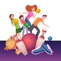 Bowling happy family playing in bowling center vector cartoon characters Royalty Free Stock Photo