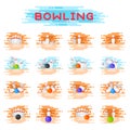 Bowling kegling ball and skittles ninepins crashing game combinations kegling vector illustration