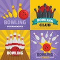 Bowling kegling banner concept set, flat style