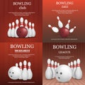 Bowling kegling banner concept set, realistic style