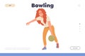 Bowling landing page design website template with young woman character playing throwing ball