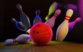 Bowling lane with ball and pins in neon light.