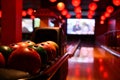 Bowling lane and balls in the row in bowling center. Royalty Free Stock Photo