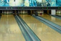 Bowling lanes with balls and pins. Bowling center