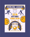 Bowling league banner, poster vector illustration. Ball crashing into the pins,getting strike. Bowling city hall