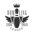 Bowling league vintage label. Black and white vector Illustration Royalty Free Stock Photo