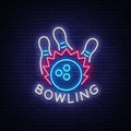 Bowling logo vector. Neon sign, symbol, bright banner advertising bright night bowling, luminous neon billboard. Design