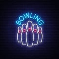 Bowling is a neon sign. Symbol emblem, Neon style logo, Luminous advertising banner, Night bright luminous billboard