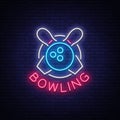 Bowling is a neon sign. Symbol emblem, Neon style logo, Luminous advertising banner, Night bright luminous billboard