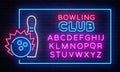 Bowling neon sign vector. Neon Frame Bowling Club Design template, light banner, night signboard, nightly bright Royalty Free Stock Photo