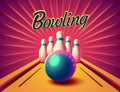 Bowling party club poster with the bright background. Vector Royalty Free Stock Photo