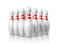 Bowling pins arrangement. Realistic game white skittles, starting position, group competitive team game with score