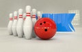 bowling pins and bowling ball with blue flag. 3D render