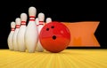 bowling pins and bowling ball with orange flag. 3D render