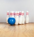 Bowling pins and bowling ball in miniature Royalty Free Stock Photo