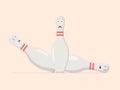 Bowling pins in cartoon style, 2 fall with a lifeless face, 1 stands with a surprised and confused face. Royalty Free Stock Photo