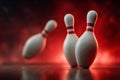 Bowling pins falling on wooden floor with dramatic red smoke in the background, creating a dynamic and exciting scene Royalty Free Stock Photo