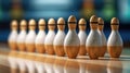 Bowling Pins Perfectly Aligned On A Polished Lane. Generative AI