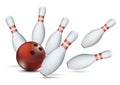 Bowling Pins Red Ball Strike White Background Royalty Free Stock Photo