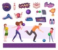 Bowling players. Funny characters playing in sport game bowling exact vector people in action poses