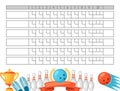 Bowling score sheet. Blank template scoreboard with game objects