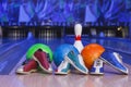 Bowling shoes, bowling pins and ball Royalty Free Stock Photo