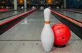 Bowling skittles and ball for bowling game Royalty Free Stock Photo