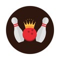 Bowling skittles ball with crown game recreational sport block flat icon design