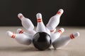 Bowling strike hit on dark background. Minimal concept of success and win Royalty Free Stock Photo