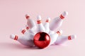 Bowling strike hit on pastel pink background. Minimal concept of success and win Royalty Free Stock Photo