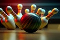 Bowling strike hit win. Bowling ball breaks the pins on the lane. Generative AI technology Royalty Free Stock Photo