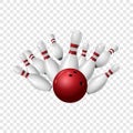 Bowling strike icon, realistic style