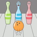 Bowling strike shot. Cartoon skittles with ball