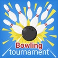 Bowling tournament vector banner. Bowling ball hit the skittles. Strike illustration Royalty Free Stock Photo