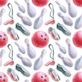 Bowling watercolor seamless pattern. Hand drawn design elements. Bowling ball, pins, whistle and shoes illustration. Concept for Royalty Free Stock Photo